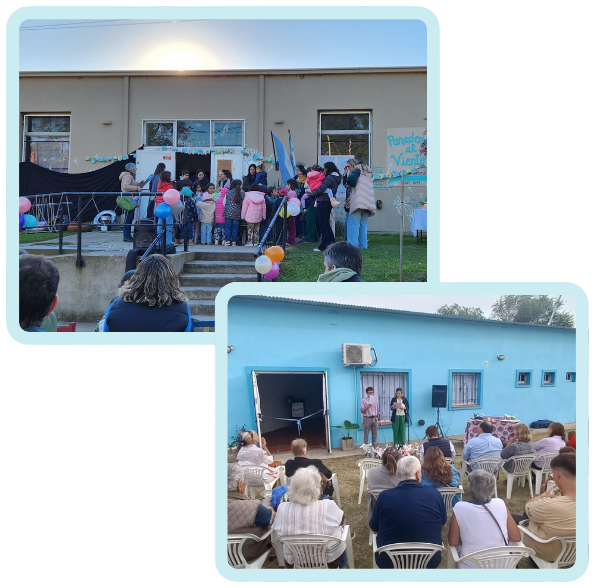 Actividad en la entrada del colegio/jardín Familias y niños reunidos en las sedes del colegio y jardín durante una actividad escolar.